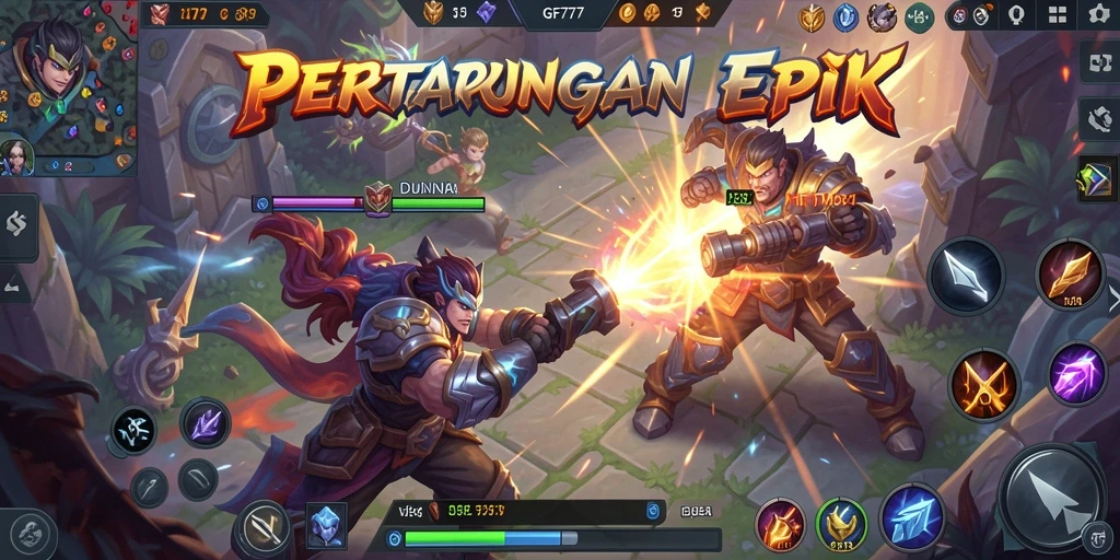 Screenshot utama GF777 menampilkan aksi pertarungan seru di arena MOBA.