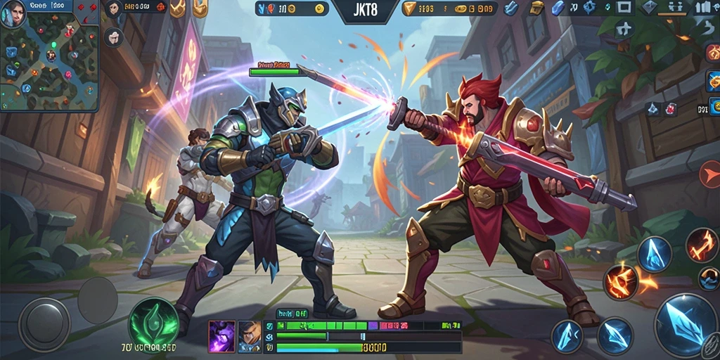 Tampilan seru dari gameplay MOBA JKT8 dengan pertarungan strategis.
