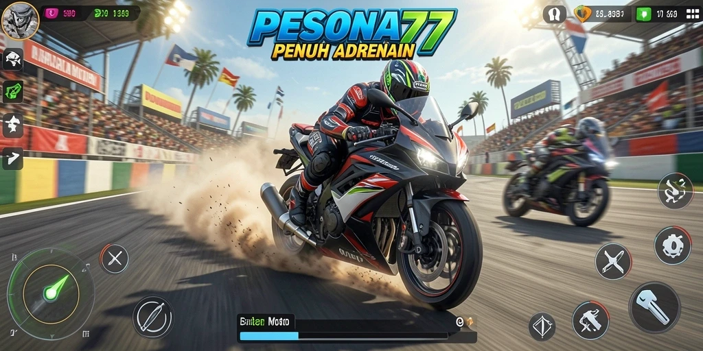 Screenshot PESONA77 menampilkan aksi balapan motor yang mendebarkan.